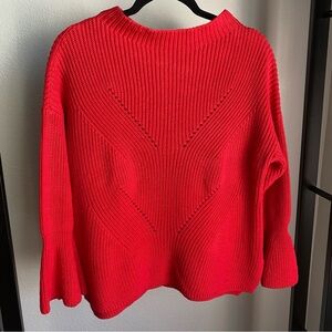 LOFT Womens Sweater Red Pullover Bell Sleeve Large Split Hem‎ High Neck